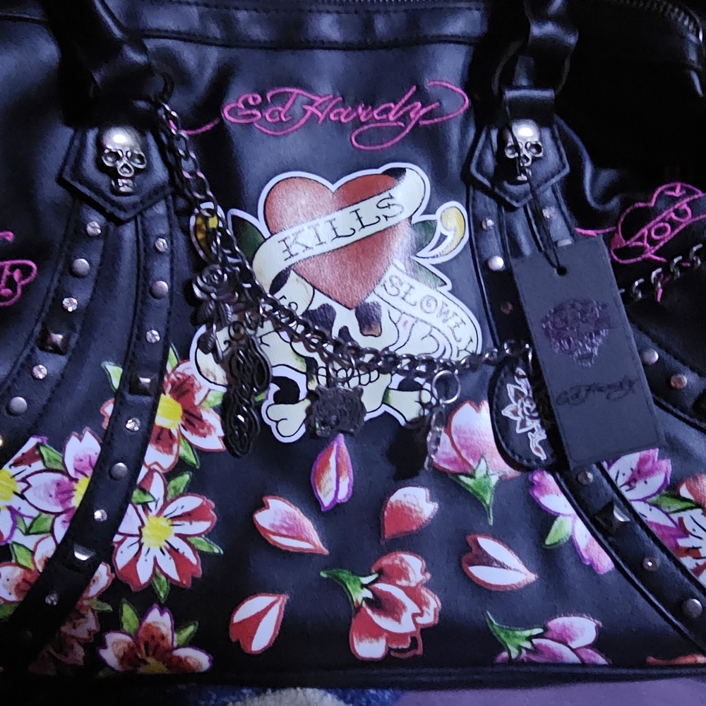 Ed Hardy Black and Pink Skull Floral Shoulder Bag